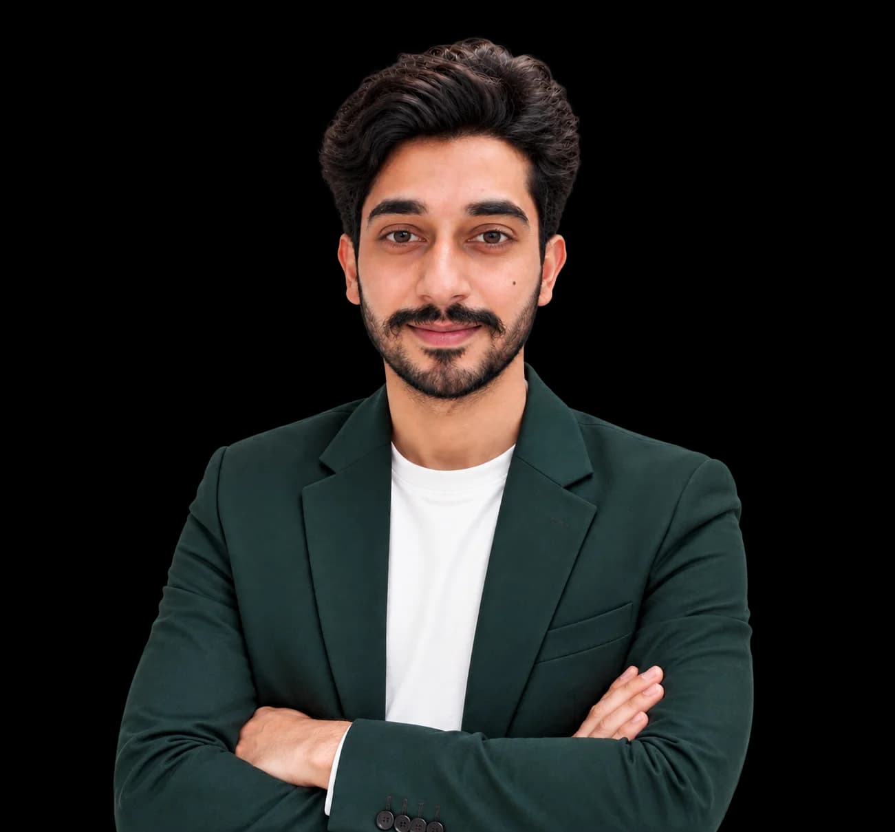 Mohsin, full-stack web developer, in a dark green blazer with arms crossed